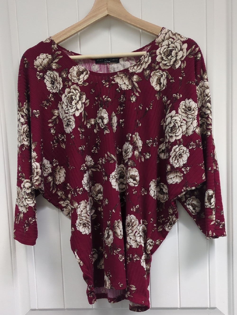 Kim & Cami Maroon Floral Dolman Top